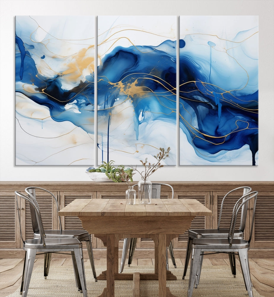 Fluid Abstract Blue Painting Canvas Print Large Wall Art Gold Marble Print Wall Decor