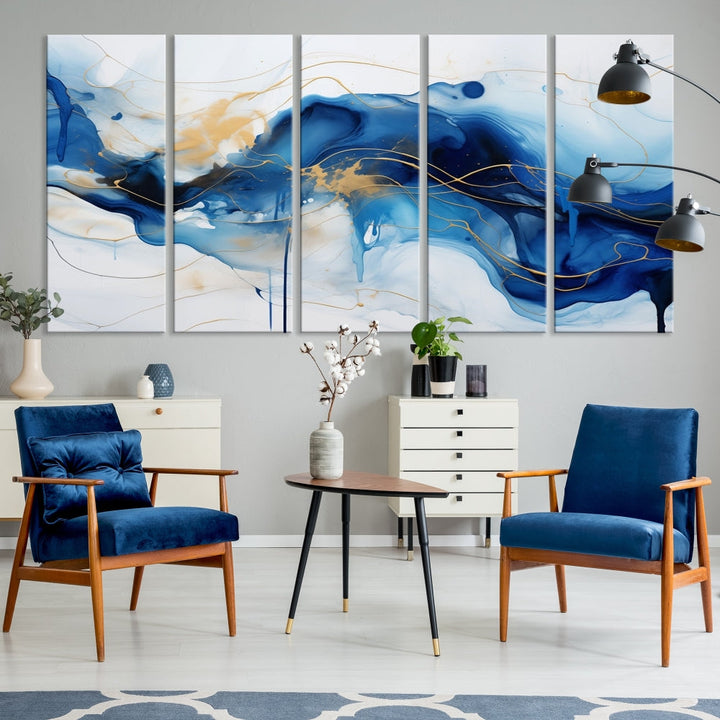 Fluid Abstract Blue Painting Canvas Print Large Wall Art Gold Marble Print Wall Decor