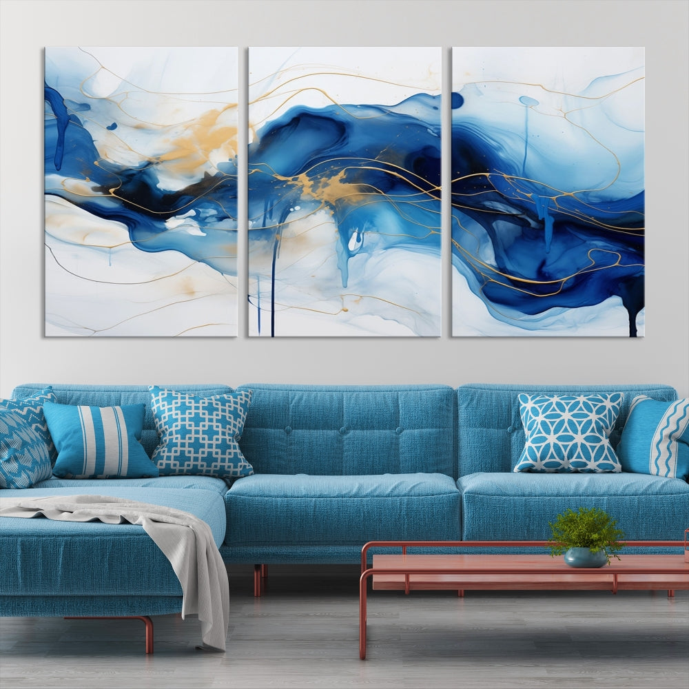 Fluid Abstract Blue Painting Canvas Print Large Wall Art Gold Marble Print Wall Decor