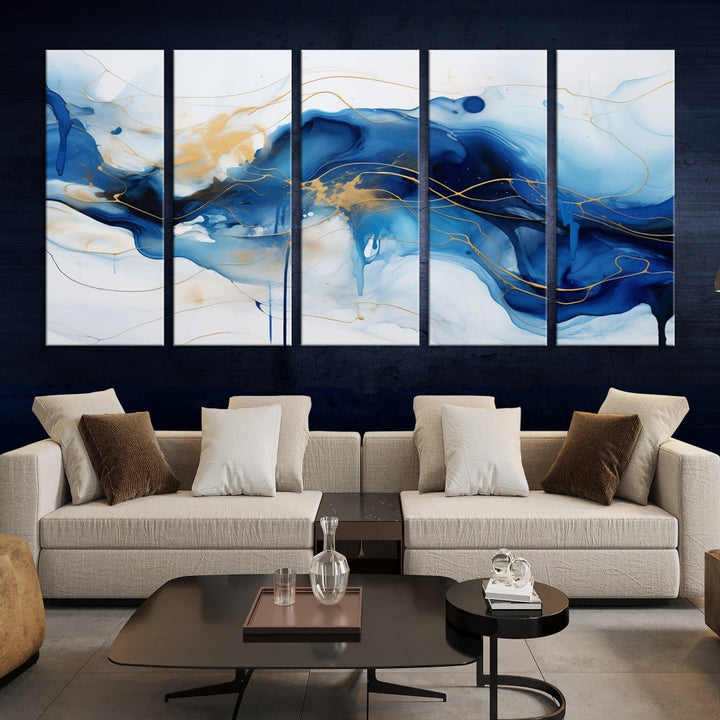 Fluid Abstract Blue Painting Canvas Print Large Wall Art Gold Marble Print Wall Decor