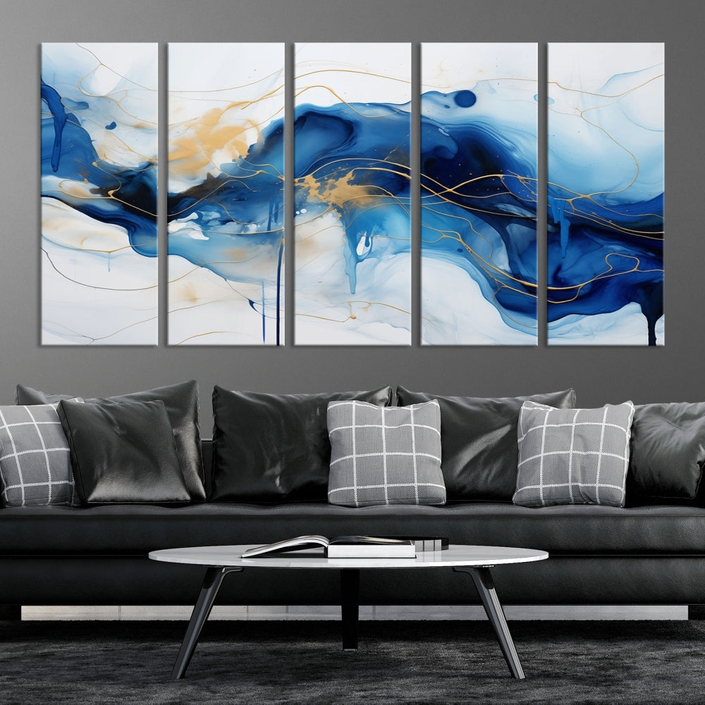 Fluid Abstract Blue Painting Canvas Print Large Wall Art Gold Marble Print Wall Decor