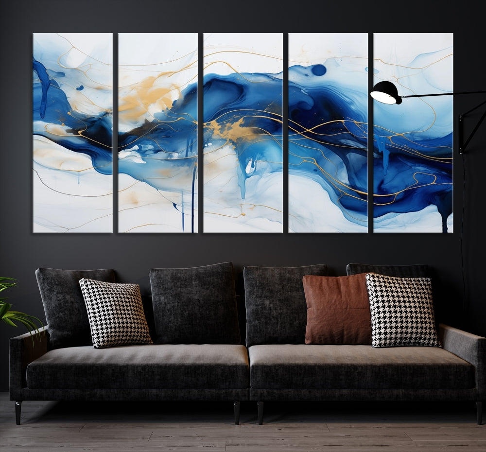 Fluid Abstract Blue Painting Canvas Print Large Wall Art Gold Marble Print Wall Decor