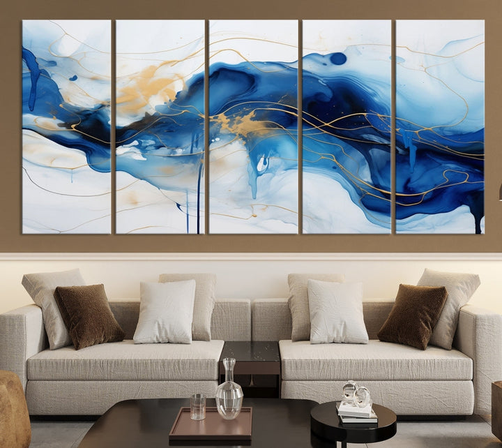 Fluid Abstract Blue Painting Canvas Print Large Wall Art Gold Marble Print Wall Decor