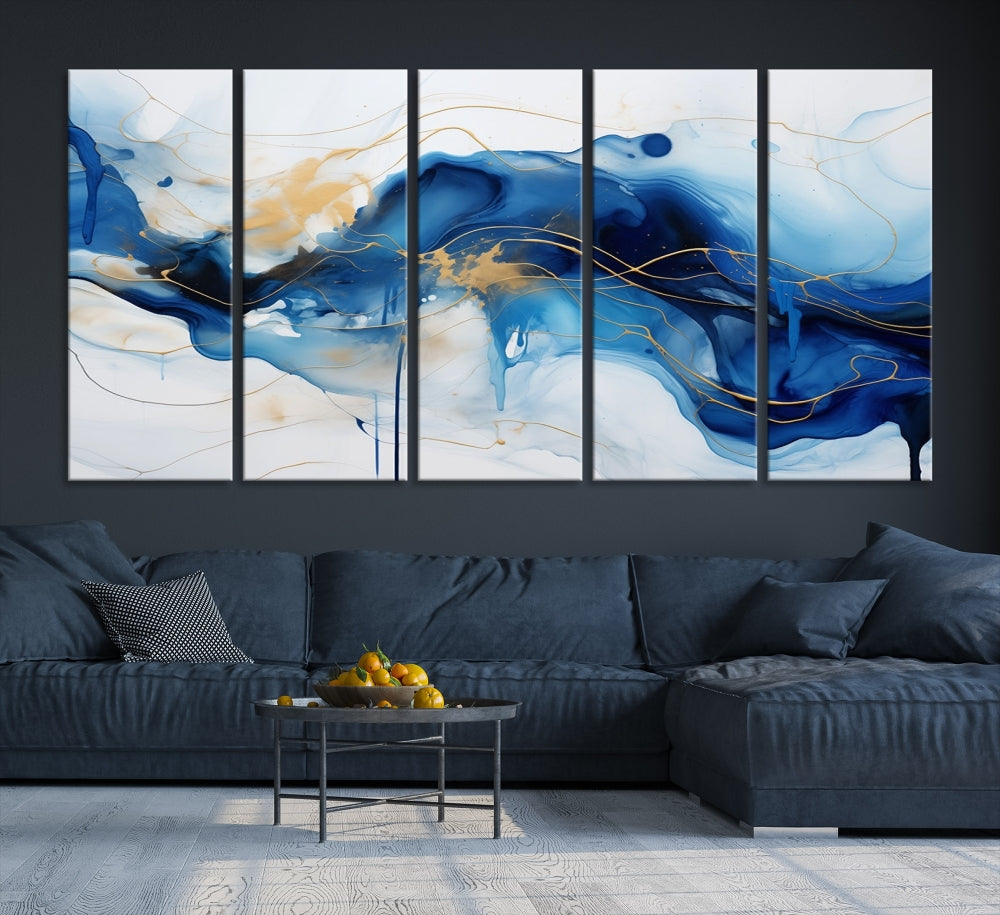 Fluid Abstract Blue Painting Canvas Print Large Wall Art Gold Marble Print Wall Decor