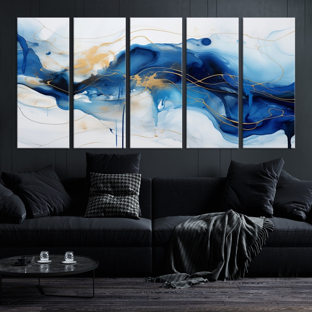 Fluid Abstract Blue Painting Canvas Print Large Wall Art Gold Marble Print Wall Decor