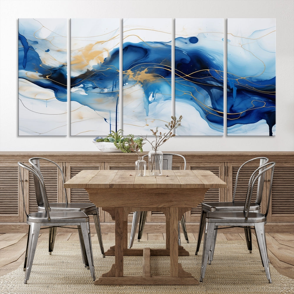 Fluid Abstract Blue Painting Canvas Print Large Wall Art Gold Marble Print Wall Decor