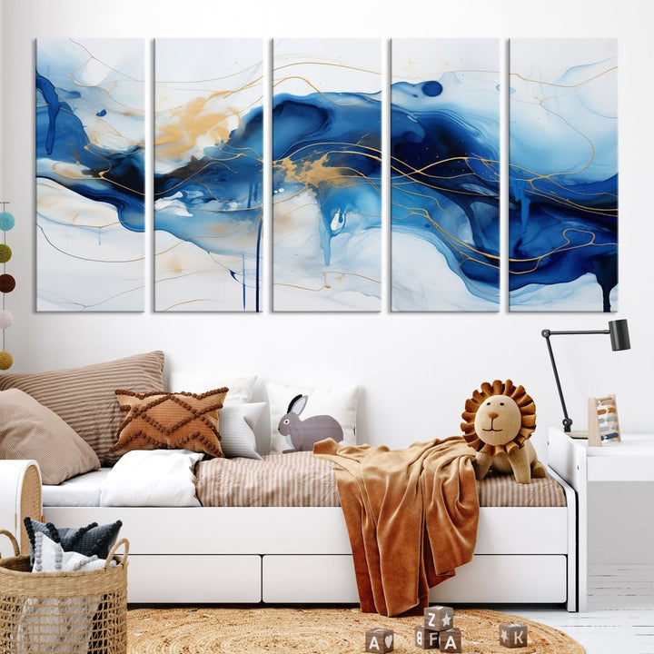 Fluid Abstract Blue Painting Canvas Print Large Wall Art Gold Marble Print Wall Decor