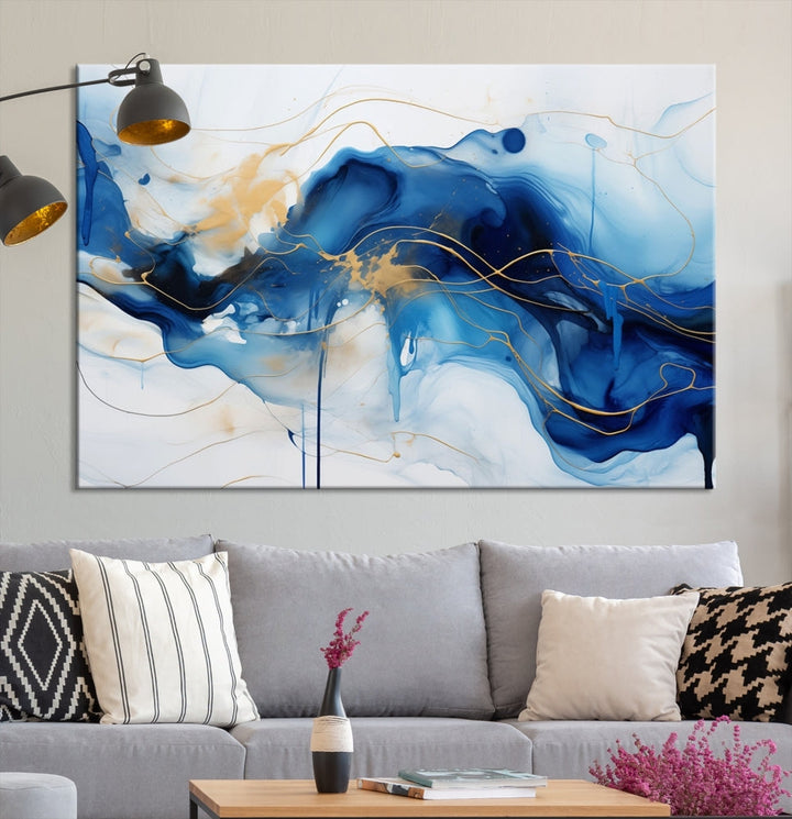 Fluid Abstract Blue Painting Canvas Print Large Wall Art Gold Marble Print Wall Decor