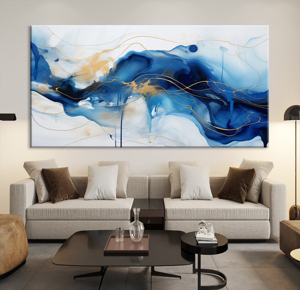 Fluid Abstract Blue Painting Canvas Print Large Wall Art Gold Marble Print Wall Decor