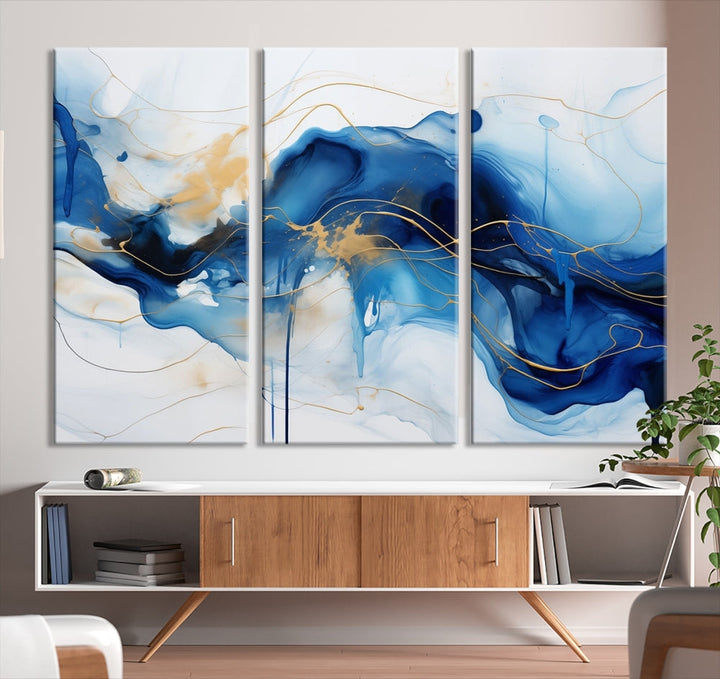 Fluid Abstract Blue Painting Canvas Print Large Wall Art Gold Marble Print Wall Decor