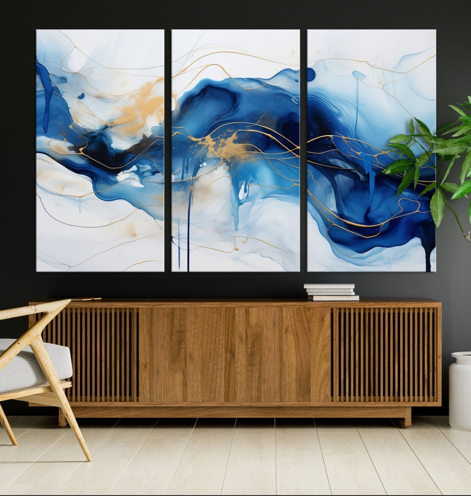 Fluid Abstract Blue Painting Canvas Print Large Wall Art Gold Marble Print Wall Decor