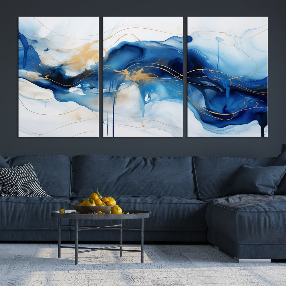 Fluid Abstract Blue Painting Canvas Print Large Wall Art Gold Marble Print Wall Decor