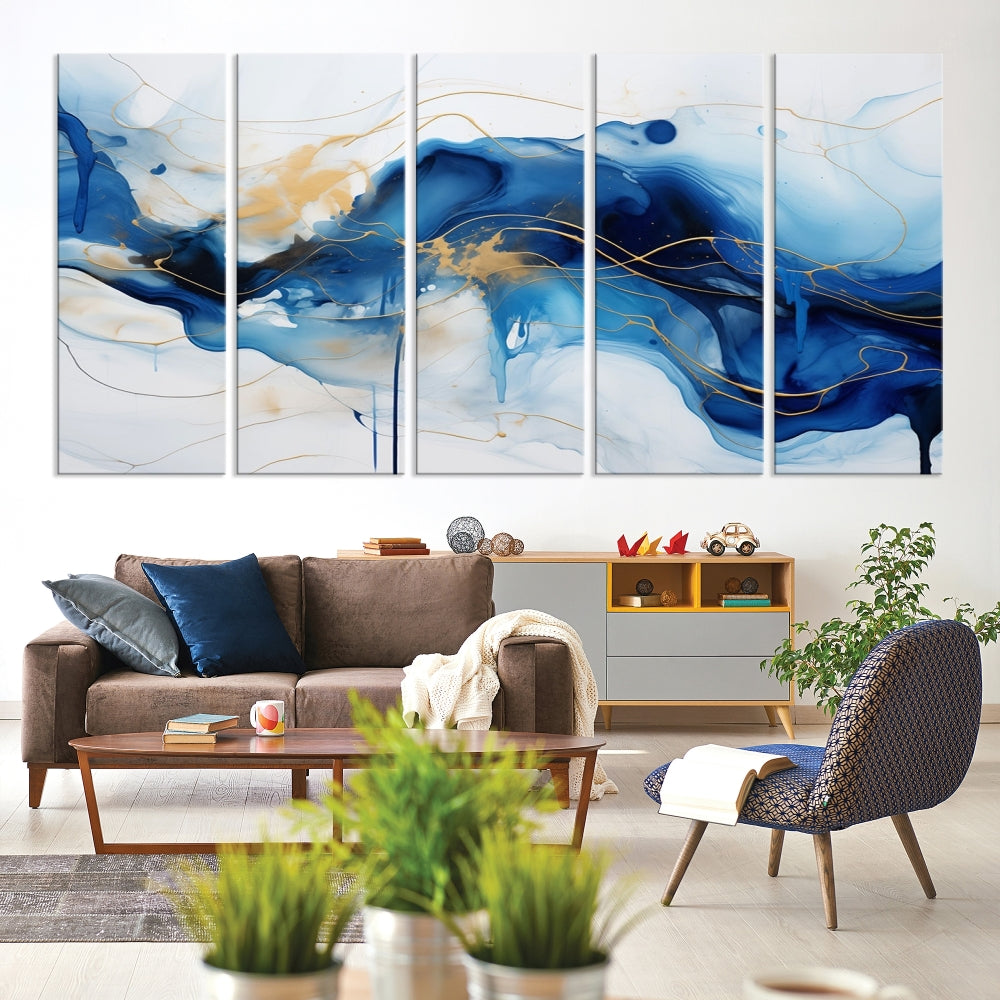 Fluid Abstract Blue Painting Canvas Print Large Wall Art Gold Marble Print Wall Decor