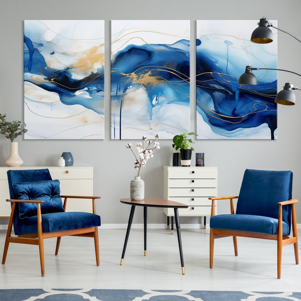 Fluid Abstract Blue Painting Canvas Print Large Wall Art Gold Marble Print Wall Decor