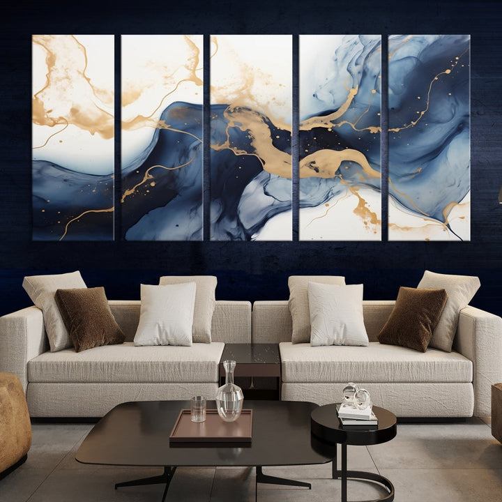 Fluid Abstract Canvas Print Gold Blue Painting Minimalist Fine Wall Art Large Print