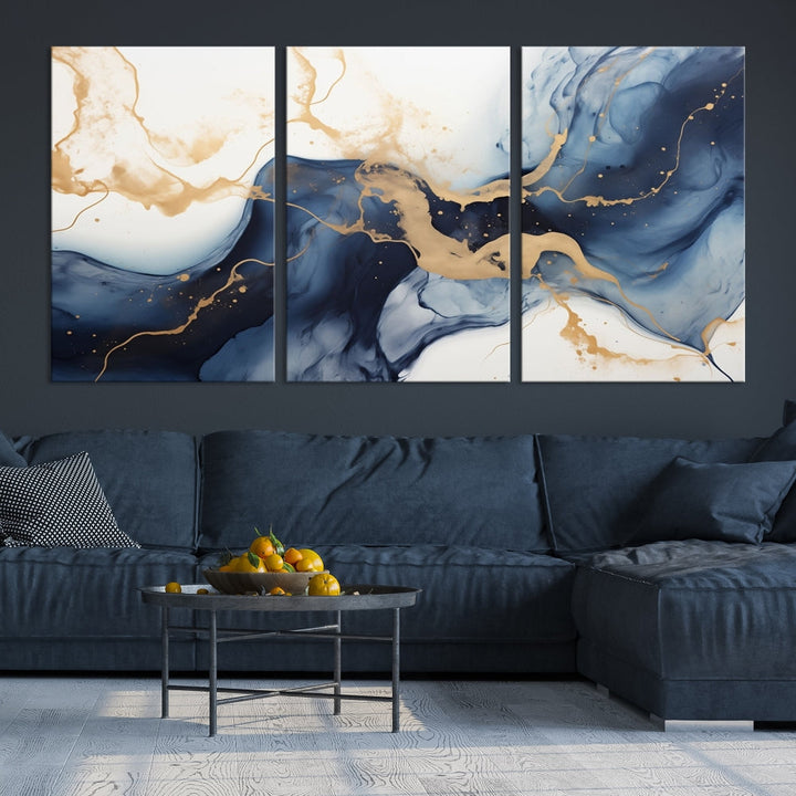 Fluid Abstract Canvas Print Gold Blue Painting Minimalist Fine Wall Art Large Print