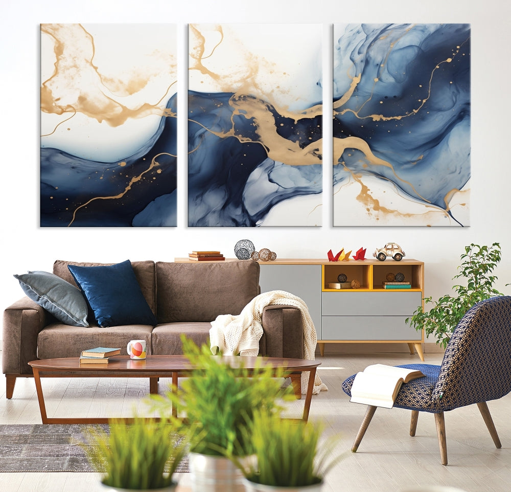 Fluid Abstract Canvas Print Gold Blue Painting Minimalist Fine Wall Art Large Print