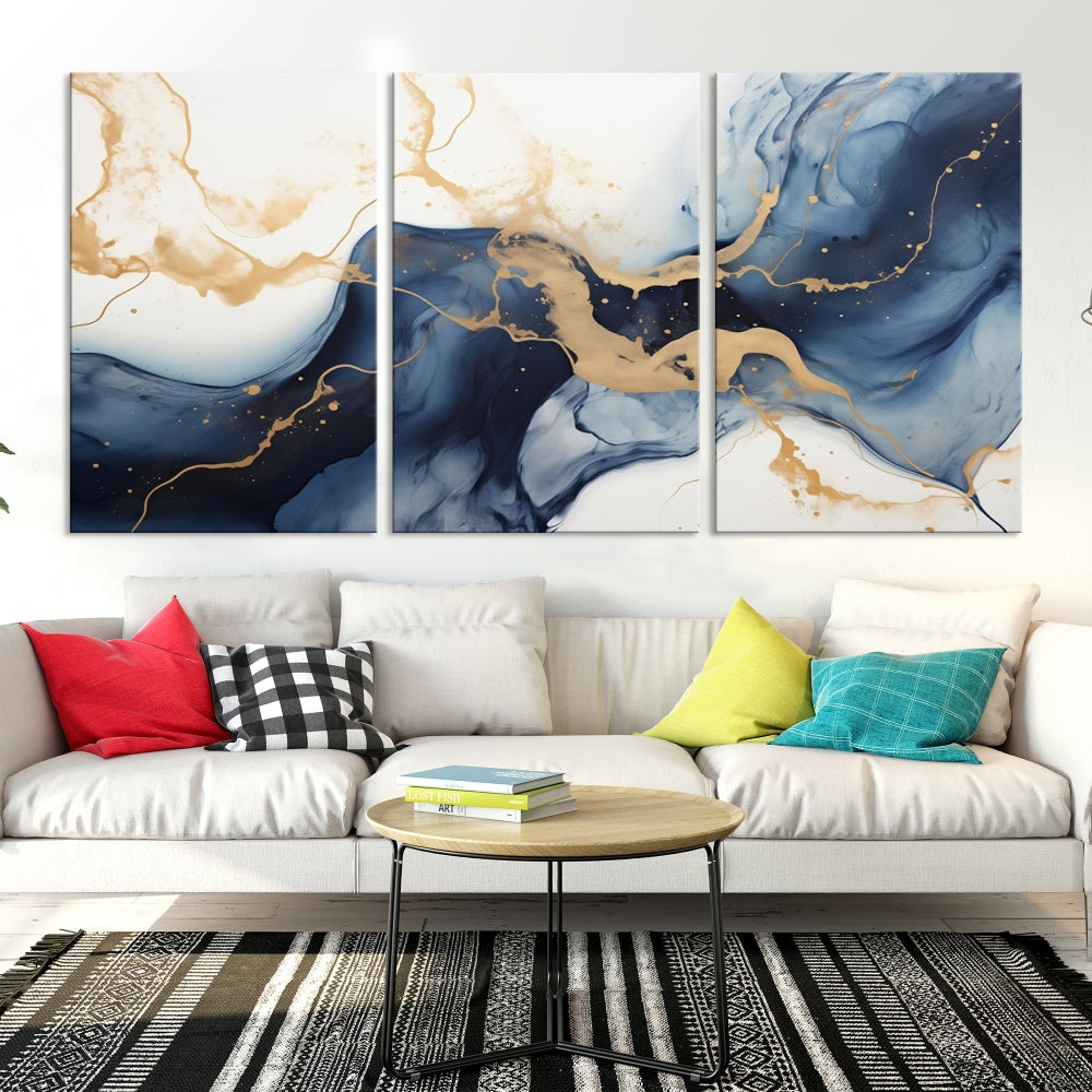 Fluid Abstract Canvas Print Gold Blue Painting Minimalist Fine Wall Art Large Print