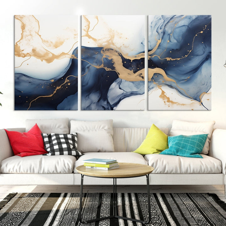 Fluid Abstract Canvas Print Gold Blue Painting Minimalist Fine Wall Art Large Print