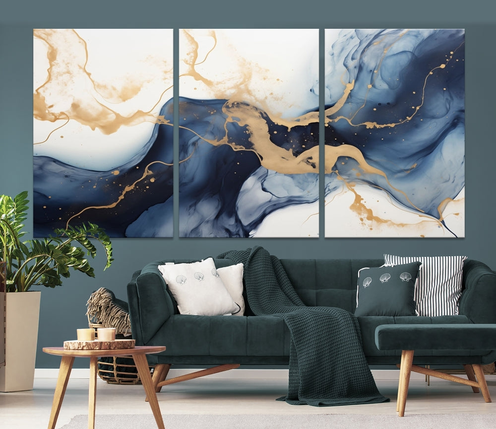 Fluid Abstract Canvas Print Gold Blue Painting Minimalist Fine Wall Art Large Print