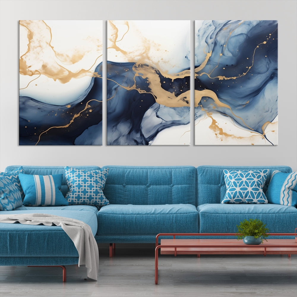 Fluid Abstract Canvas Print Gold Blue Painting Minimalist Fine Wall Art Large Print