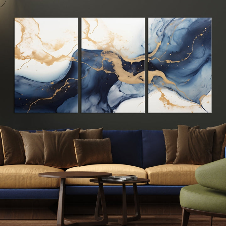 Fluid Abstract Canvas Print Gold Blue Painting Minimalist Fine Wall Art Large Print