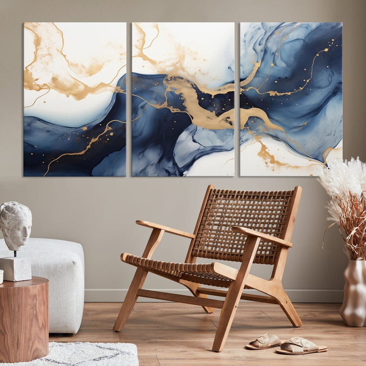 Fluid Abstract Canvas Print Gold Blue Painting Minimalist Fine Wall Art Large Print