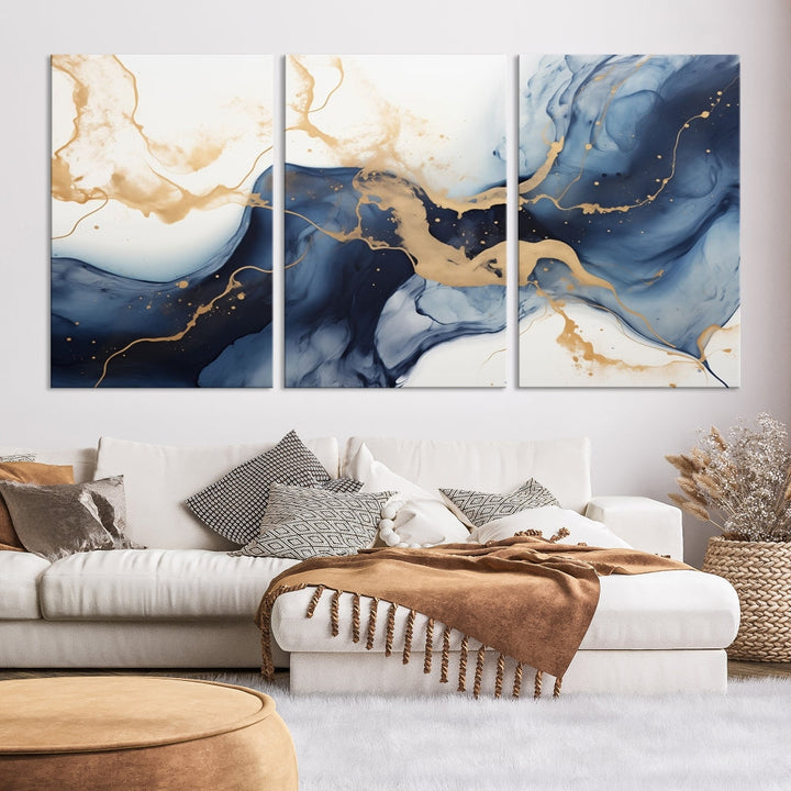 Fluid Abstract Canvas Print Gold Blue Painting Minimalist Fine Wall Art Large Print