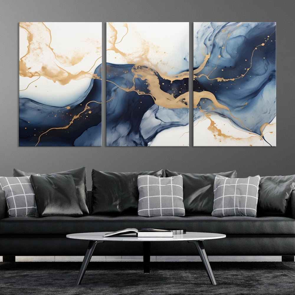 Fluid Abstract Canvas Print Gold Blue Painting Minimalist Fine Wall Art Large Print