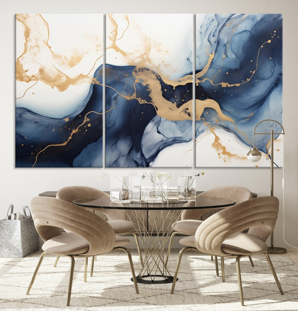 Fluid Abstract Canvas Print Gold Blue Painting Minimalist Fine Wall Art Large Print