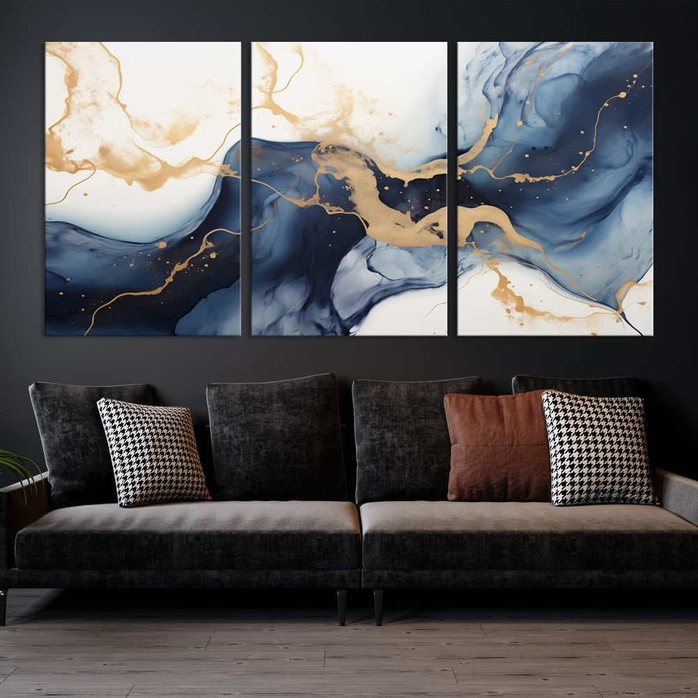 Fluid Abstract Canvas Print Gold Blue Painting Minimalist Fine Wall Art Large Print