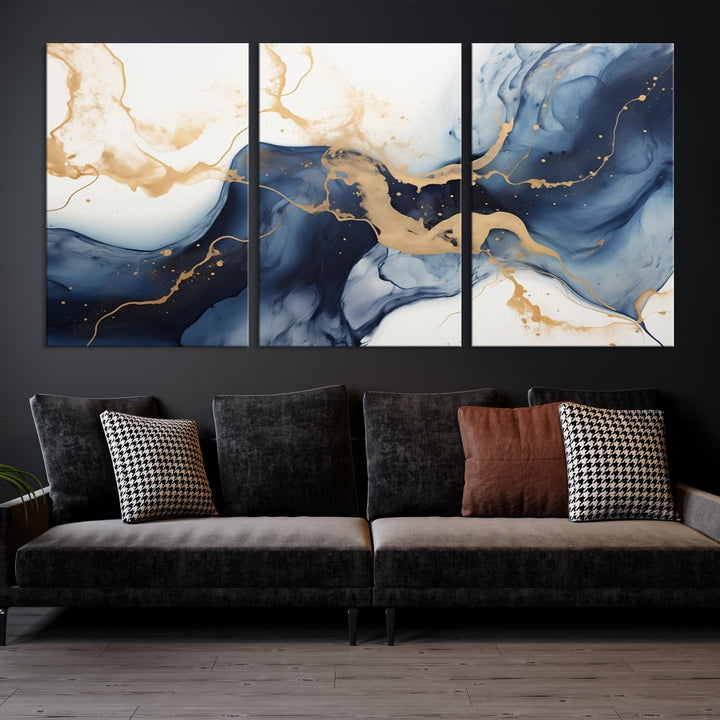 Fluid Abstract Canvas Print Gold Blue Painting Minimalist Fine Wall Art Large Print