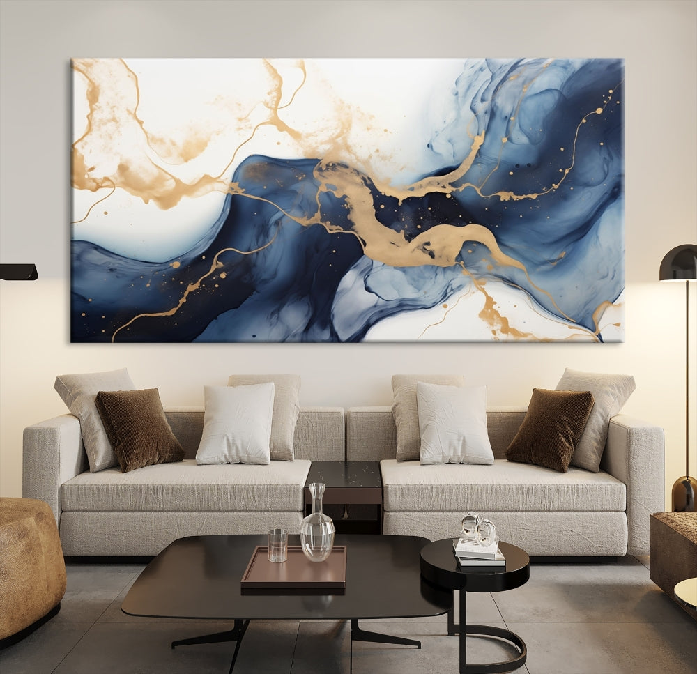 Fluid Abstract Canvas Print Gold Blue Painting Minimalist Fine Wall Art Large Print