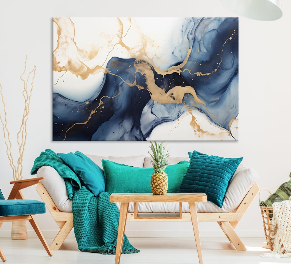 Fluid Abstract Canvas Print Gold Blue Painting Minimalist Fine Wall Art Large Print