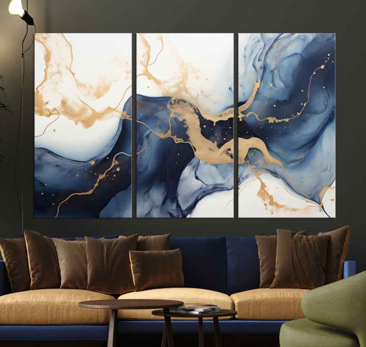 Fluid Abstract Canvas Print Gold Blue Painting Minimalist Fine Wall Art Large Print