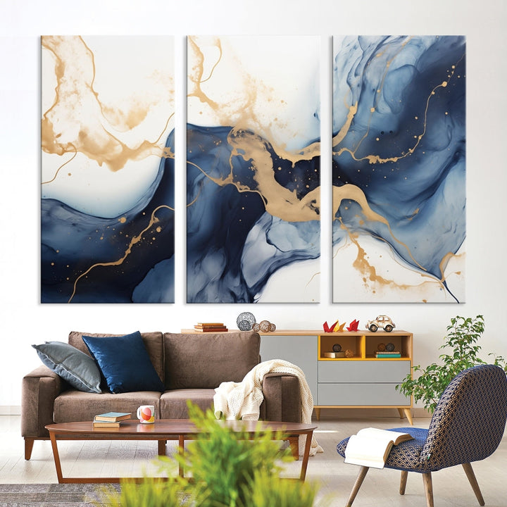 Fluid Abstract Canvas Print Gold Blue Painting Minimalist Fine Wall Art Large Print