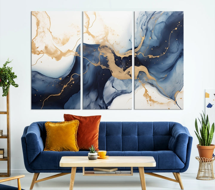 Fluid Abstract Canvas Print Gold Blue Painting Minimalist Fine Wall Art Large Print