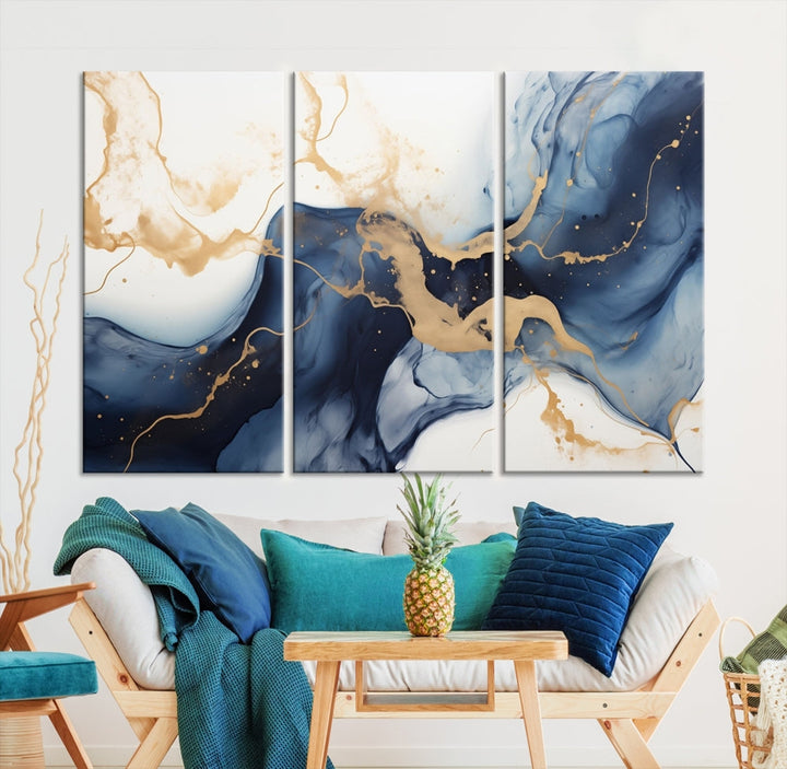 Fluid Abstract Canvas Print Gold Blue Painting Minimalist Fine Wall Art Large Print