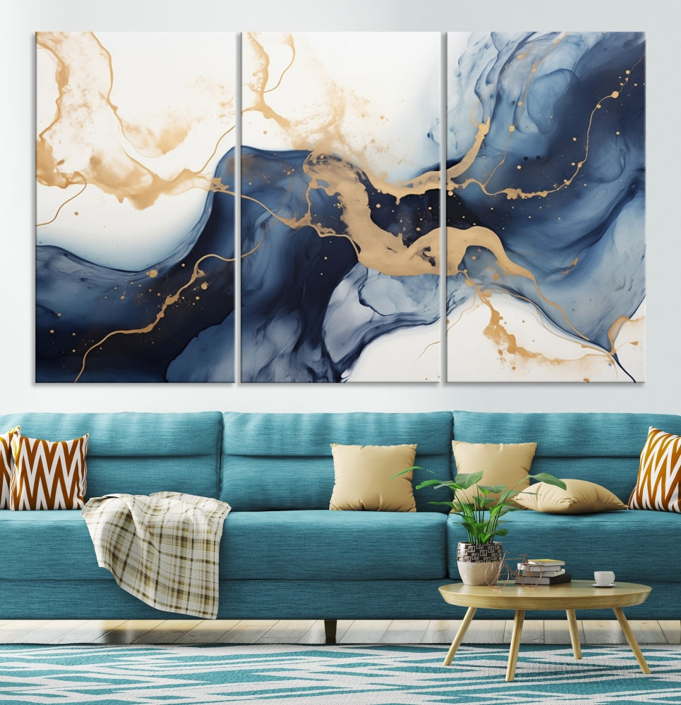 Fluid Abstract Canvas Print Gold Blue Painting Minimalist Fine Wall Art Large Print