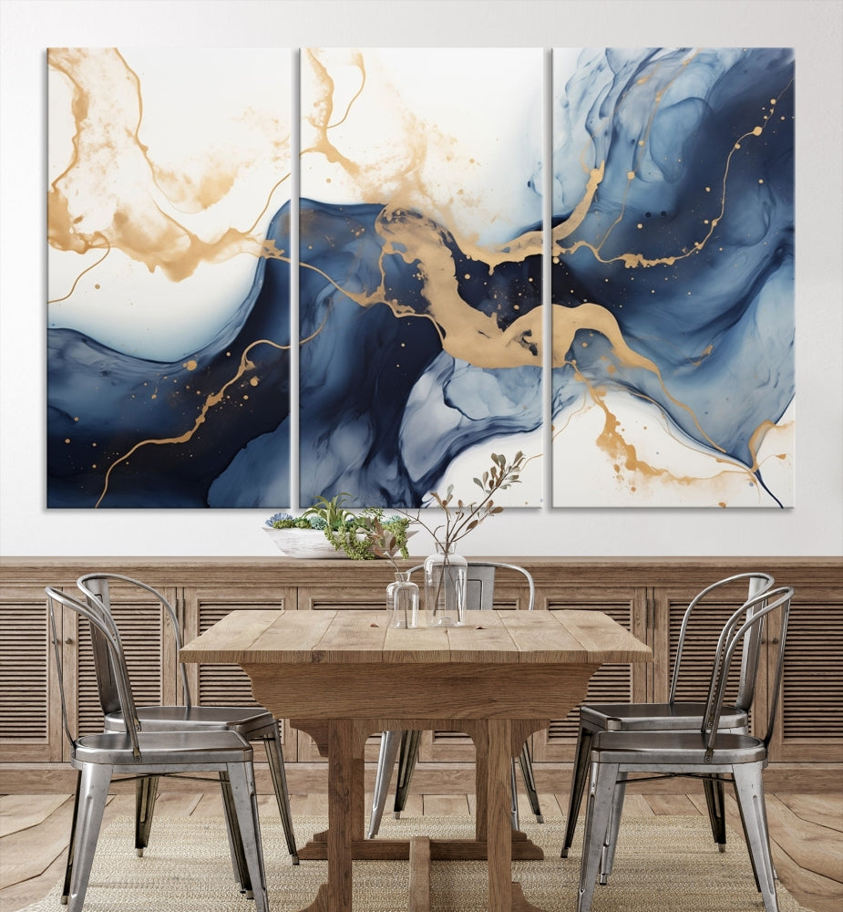 Fluid Abstract Canvas Print Gold Blue Painting Minimalist Fine Wall Art Large Print