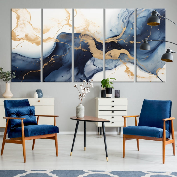 Fluid Abstract Canvas Print Gold Blue Painting Minimalist Fine Wall Art Large Print