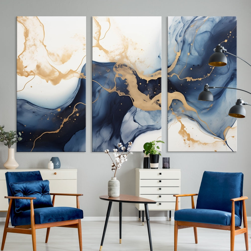 Fluid Abstract Canvas Print Gold Blue Painting Minimalist Fine Wall Art Large Print