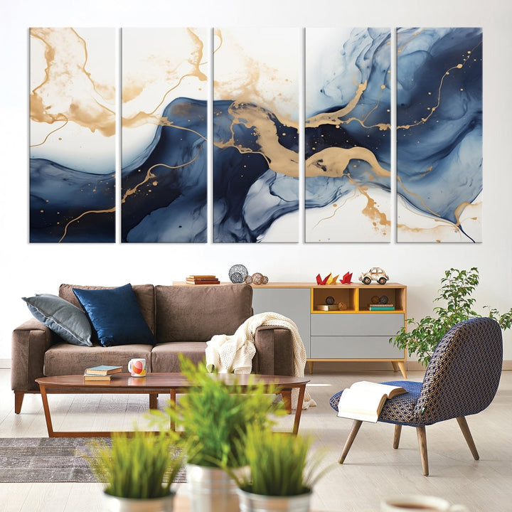 Fluid Abstract Canvas Print Gold Blue Painting Minimalist Fine Wall Art Large Print