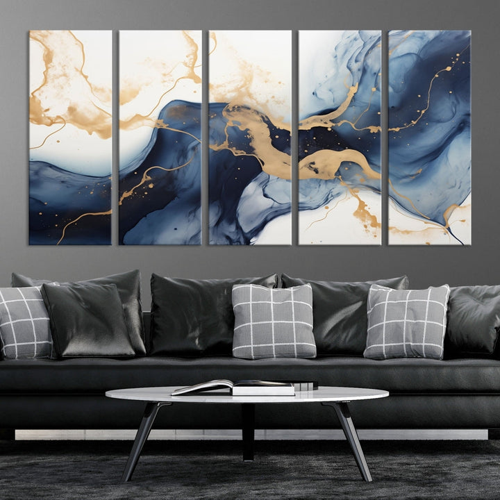 Fluid Abstract Canvas Print Gold Blue Painting Minimalist Fine Wall Art Large Print