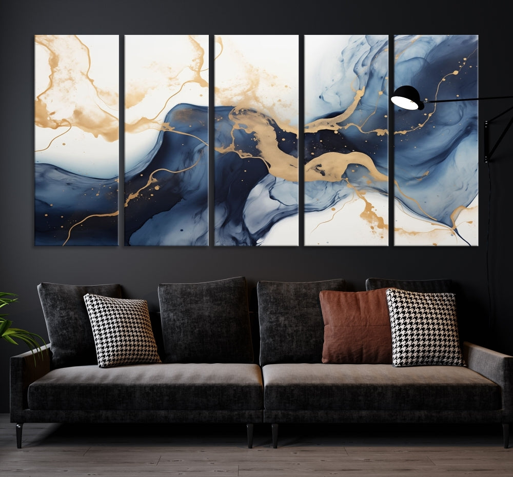 Fluid Abstract Canvas Print Gold Blue Painting Minimalist Fine Wall Art Large Print