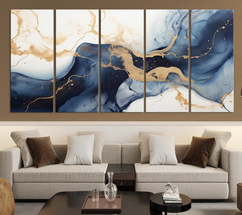 Fluid Abstract Canvas Print Gold Blue Painting Minimalist Fine Wall Art Large Print