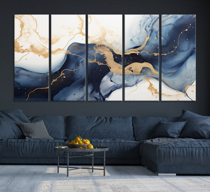 Fluid Abstract Canvas Print Gold Blue Painting Minimalist Fine Wall Art Large Print