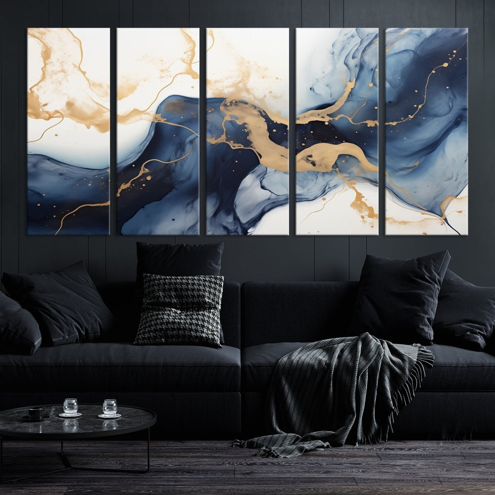 Fluid Abstract Canvas Print Gold Blue Painting Minimalist Fine Wall Art Large Print