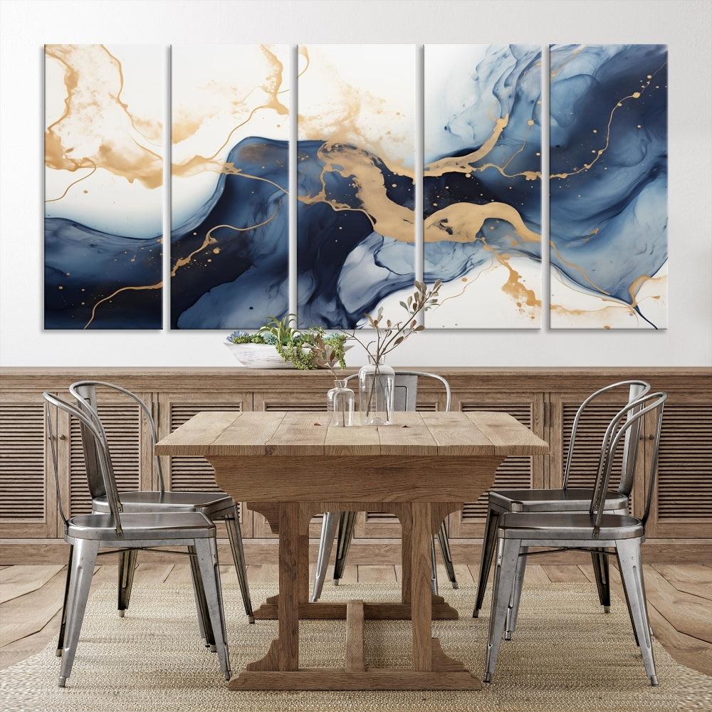 Fluid Abstract Canvas Print Gold Blue Painting Minimalist Fine Wall Art Large Print