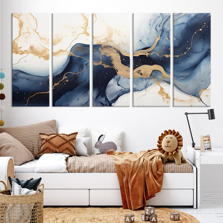 Fluid Abstract Canvas Print Gold Blue Painting Minimalist Fine Wall Art Large Print